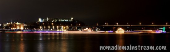 A long exposure of the lighted boats circling in front of Ross's Landing