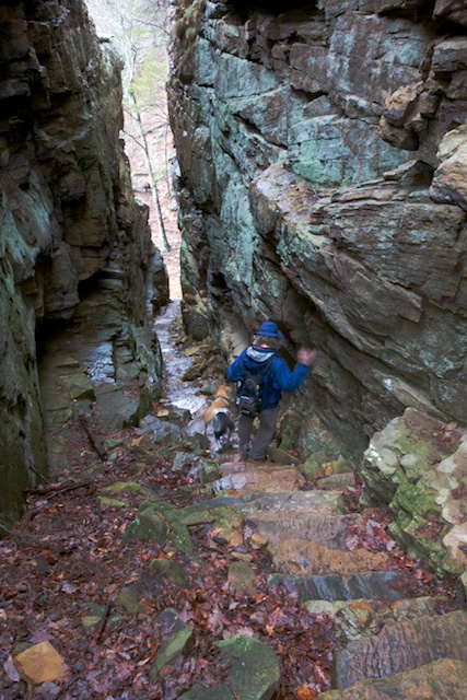 Pat holds on to the Stone Door frame while working his way down with the dogs