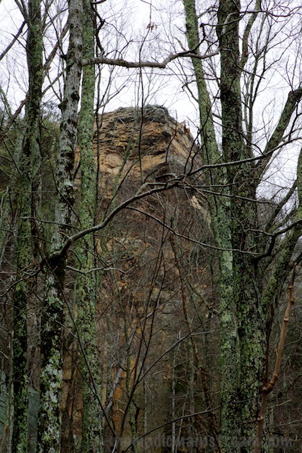 The natural overlook at the top of Stone Door framed between the trees