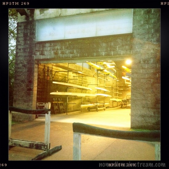 The rowing center bay glows like a fireplace