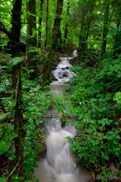 A stream running down the hillside had turned into a waterfall